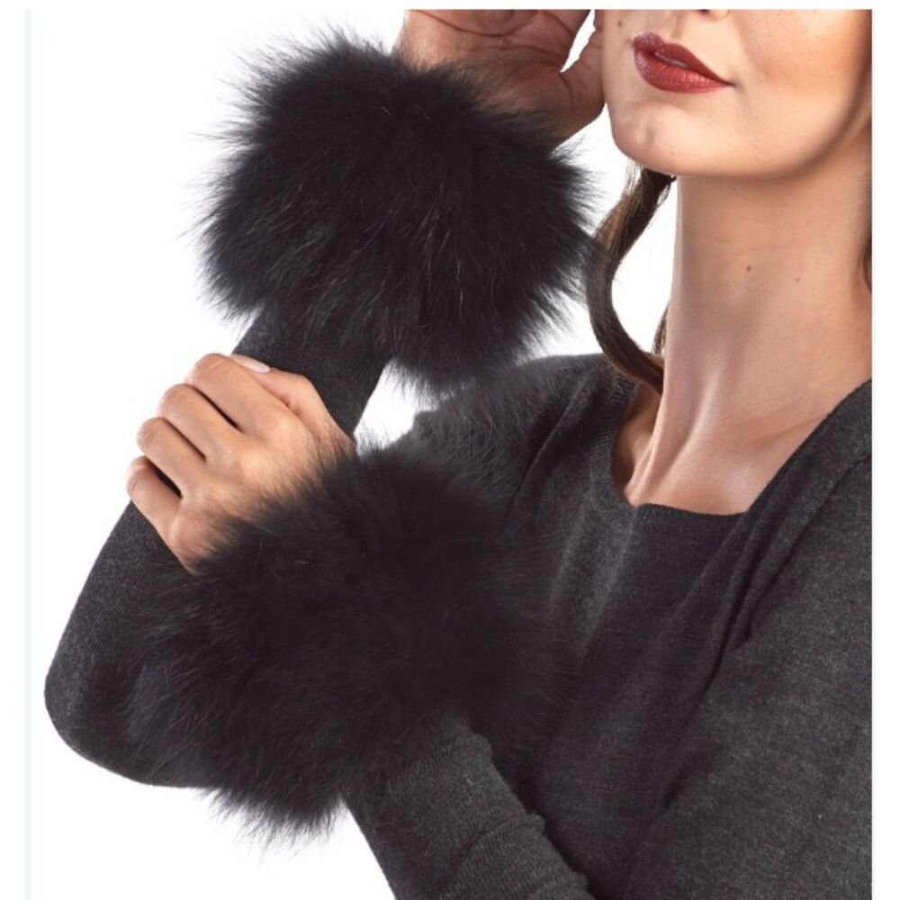 SPI 25 Genuine Rabbit Fur Black Wrist Cuffs Y2K Glam Wrist Warmer Bracelets (OS) - Picture 8 of 8